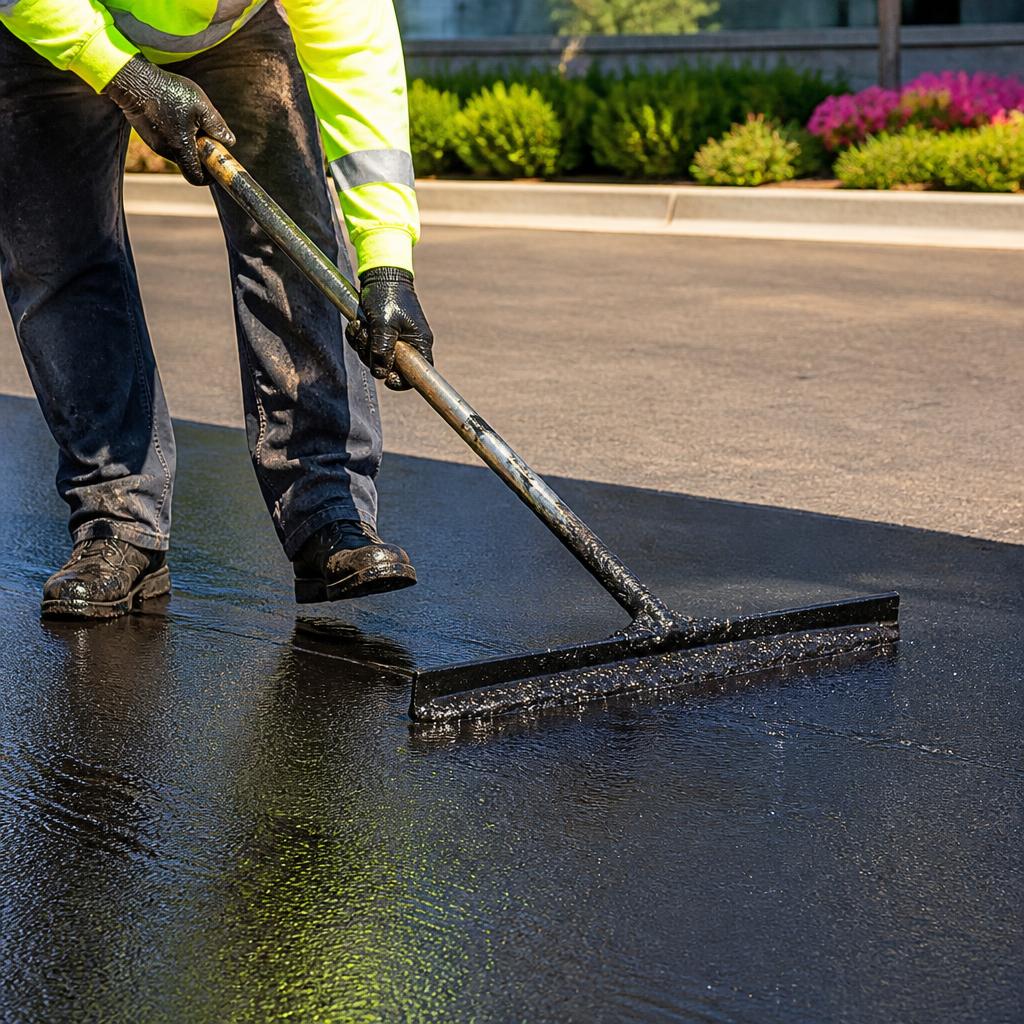 Worker applying fresh sealcoat with a squeegee